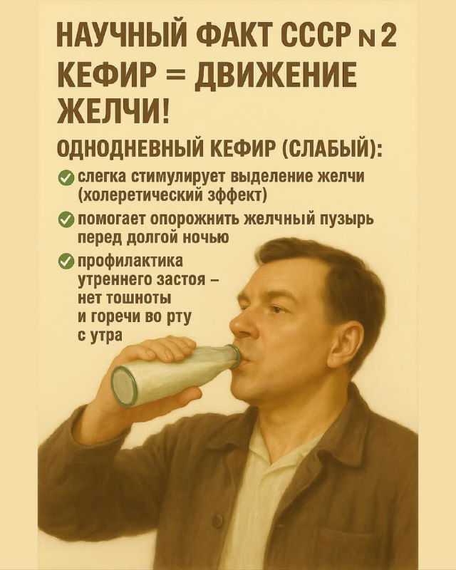 Ретро‑плакат: мужчина пьёт кефир, подписи поясняют, как однодневный кефир стимулирует выделение желчи и помогает профилактике застоев перед сном.