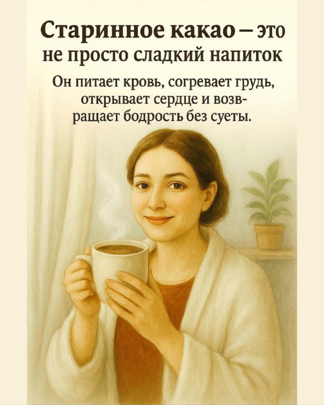 Улыбающаяся женщина с чашкой какао и подписью о питательной силе старинного какао, которое согревает грудь и открывает бодрость.