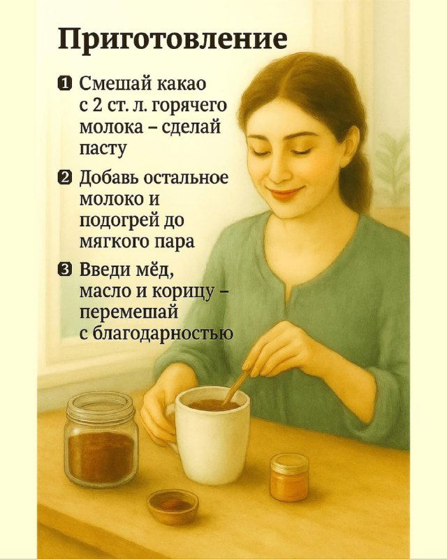Иллюстрация приготовления: женщина делает пасту из какао и тёплого молока, на карточке видны шаги приготовления и тёплая домашняя атмосфера.