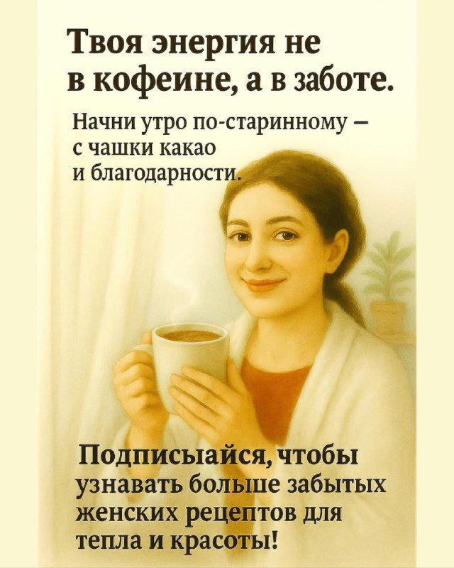 Иллюстрация с призывом начать утро по‑старинному: чашка какао и подпись о женской энергии, рядом приглашение подписаться на канал Красотка вне возраста.