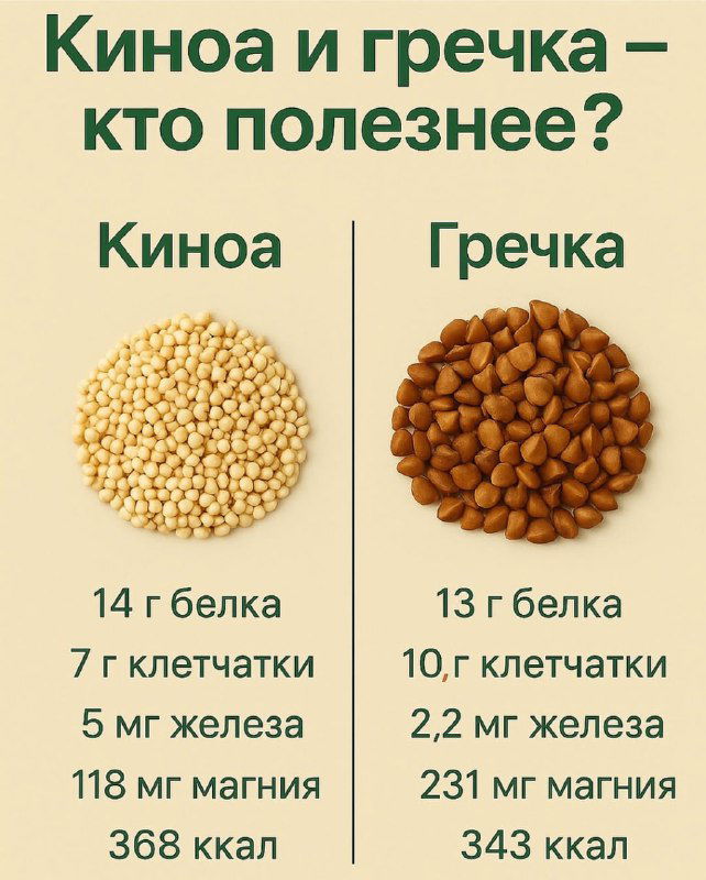 Инфографика: киноа и гречка — сравнение по белку, клетчатке, железу, магнию и калорийности с указанием чисел для порции.