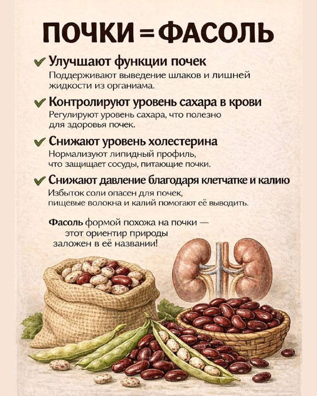 Инфографика с бобовыми и изображением почек, текст о поддержке функции почек, контроле сахара и выводе лишней жидкости благодаря фасоли.