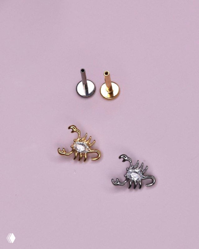 Маленькие титановые накрутки в форме скорпиона и круглых вставок рядом со стержнями push-in, демонстрация декоративных форм и размеров.