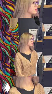 Коллаж с портретом и анфас: женщина со светлыми локонами в салоне «КРЕАТИВ», на фоне яркая настенная роспись и интерьер салона.