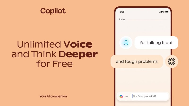 Баннер Copilot: смартфон на персиковом фоне, диалоговые облачка, обозначен голосовой режим и режим Think Deeper.