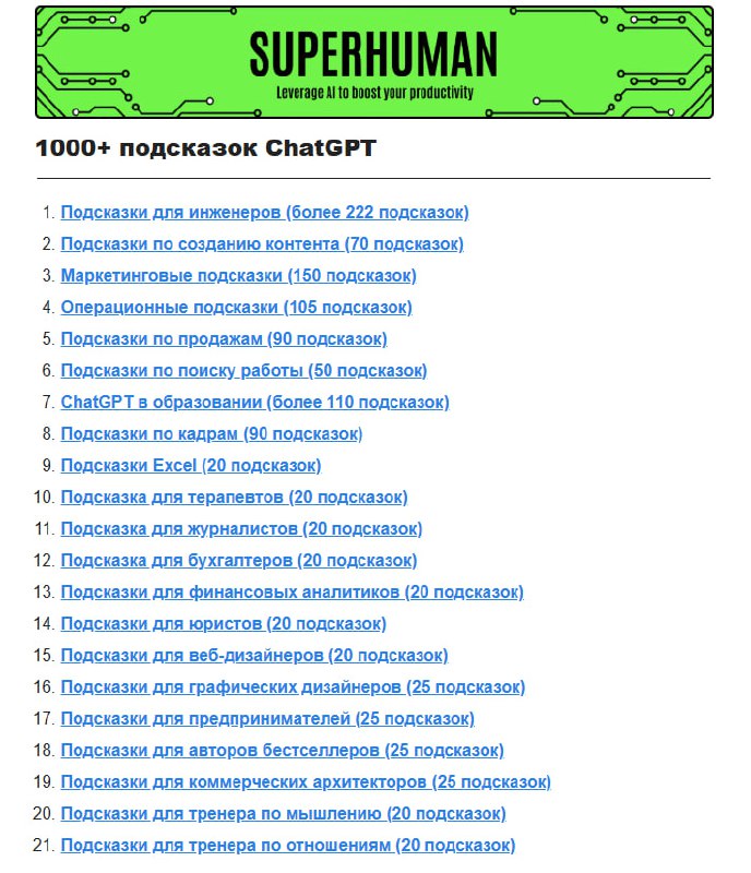 Скриншот веб-страницы с зелёной шапкой 'SUPERHUMAN' и нумерованным списком подсказок для ChatGPT, демонстрация каталога ресурсов.