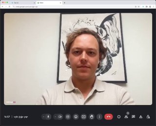 Скриншот интерфейса видеозвонка: участник в светлой рубашке в центре кадра, видна рамка окна звонка и картина на стене