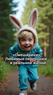 Человек в мягком костюме зайца на лесной тропинке; на изображении видна подпись «Смешарики — любимые персонажи в реальной жизни».