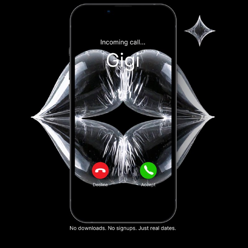 Промо-изображение приложения Gigi: смартфон на тёмном фоне с входящим звонком от «Gigi», абстрактный графический мотив в виде губ и кнопки ответа.