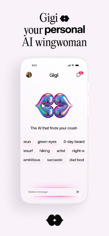 Промо-скриншот интерфейса Gigi: макет мобильного приложения на светлом фоне с заголовком о персональной AI-вингвумен и декоративной графикой.