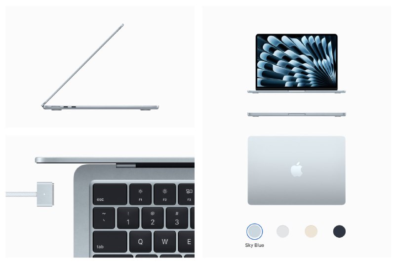 Коллаж из ракурсов MacBook Air: боковой профиль, фронтальный вид, крупные планы клавиатуры и варианты цветов на белом фоне, демонстрация дизайна и цветов.