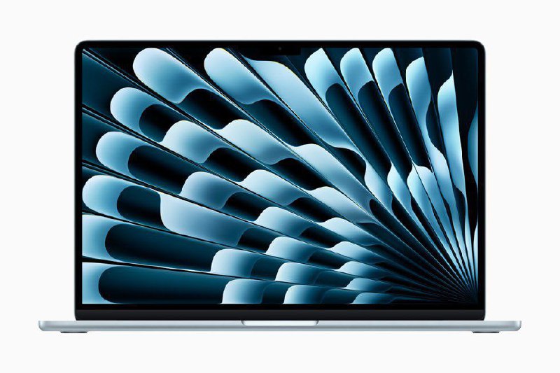 Фронтальный крупный план экрана MacBook Air с фирменной заставкой, тонкие рамки дисплея и плоская нижняя часть корпуса на светлом фоне.