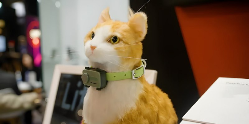 Кошка в зеленом ошейнике с прикреплённым модулем PetPhone на шее; кадр показывает размер устройства и способ крепления на ошейнике.