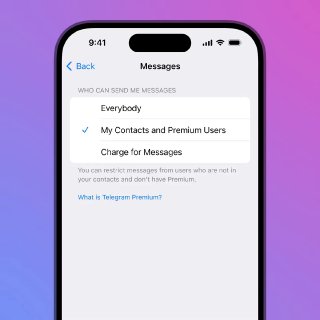 Скриншот экрана Telegram на смартфоне: окно «Сообщения» с опциями для контактов, премиум‑пользователей и платных сообщений на градиентном фоне.