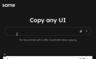 Скриншот интерфейса same.dev: тёмная страница с заголовком «Copy any UI», полем для ссылки и подсказкой, показ копирования сайта.