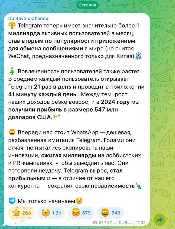 Скриншот поста канала о достижении Telegram более миллиарда пользователей, с краткой статистикой использования и ссылками.