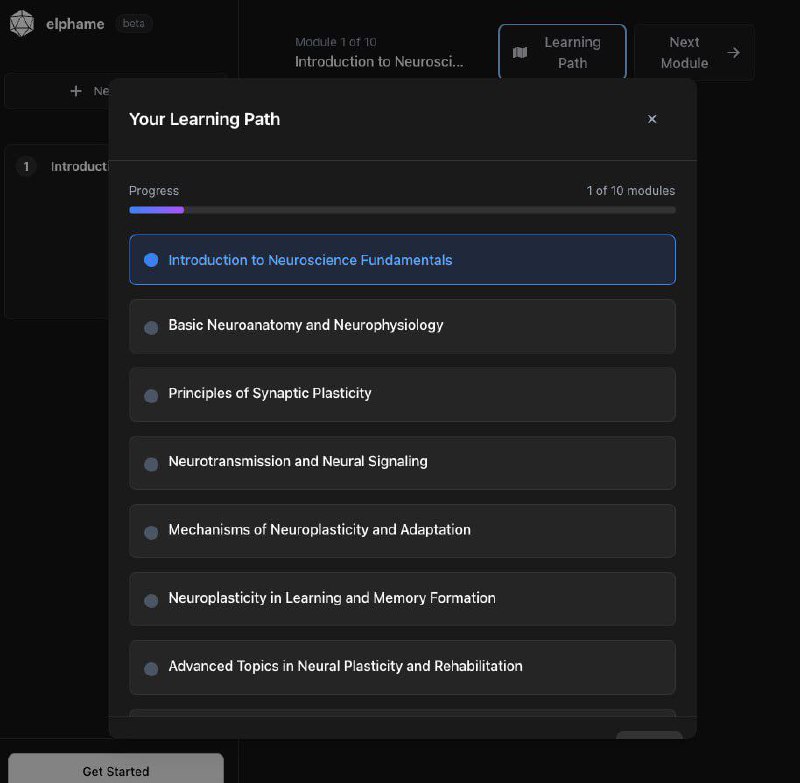 Скриншот интерфейса нейросети Elphame: модальное окно «Your Learning Path» с прогрессом и перечнем модулей курса на тёмном фоне.