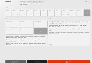 Скриншот интерфейса веб‑сервиса OpenAI.fm с панелью управления озвучкой, настройками стиля голоса и полем для текста.