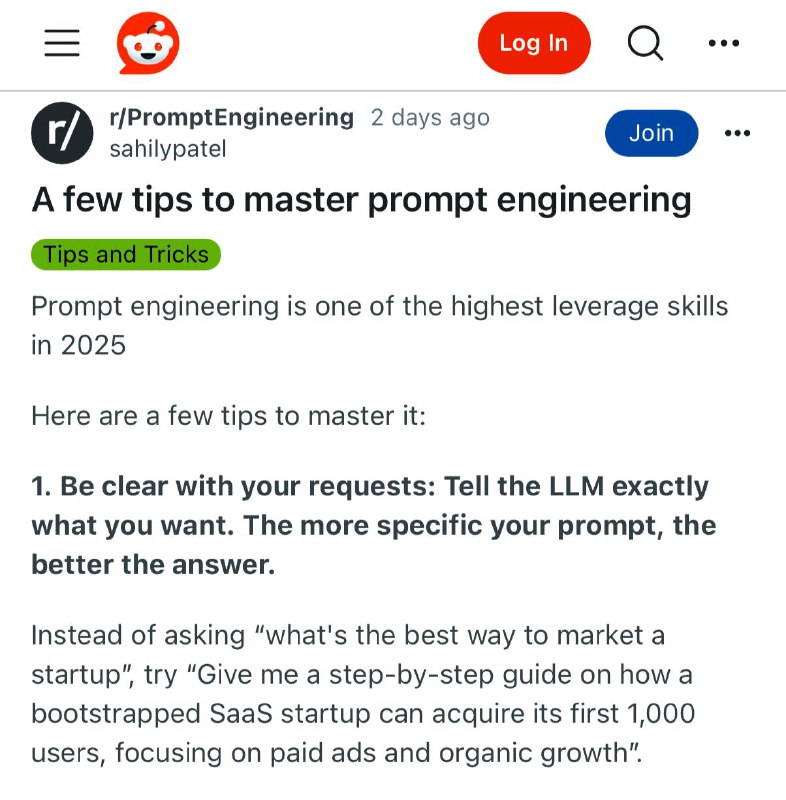 Скриншот поста Reddit о промпт-инжиниринге: мобильный вид с заголовком и ключевыми советами по формулировке запросов для ИИ.