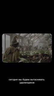 Кадр тёмной, кинематографической сцены: фигура в плаще в стеклянной оранжерее среди растений, атмосферное освещение и субтитр внизу.