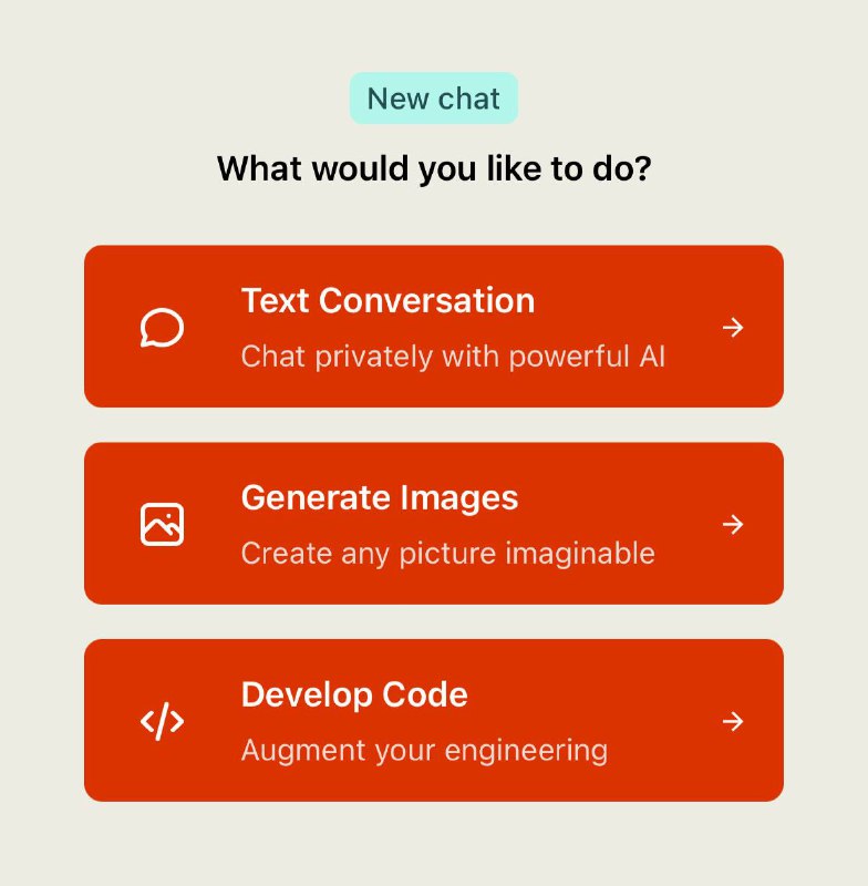 Превью интерфейса чат‑бота: экран с заголовком «New chat» и тремя ярко‑оранжевыми кнопками для текстового чата, генерации изображений и разработки кода.