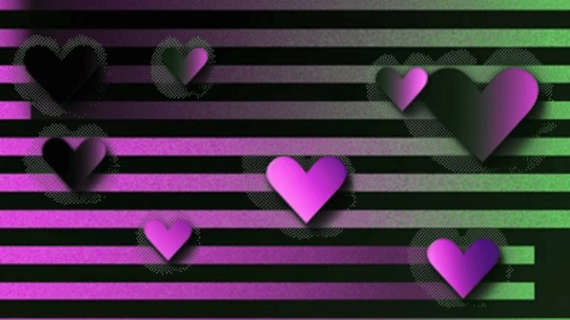 Иллюстрация: стилизованные фиолетовые и зелёные сердца на полосатом тёмном фоне, символическая визуализация эмоциональной привязанности к ИИ