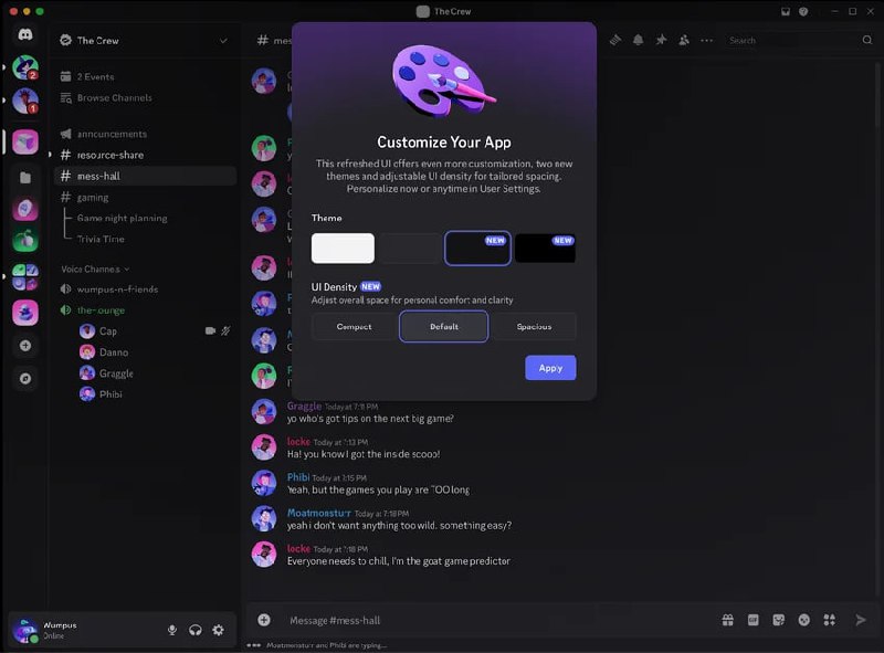 Скриншот интерфейса Discord (тёмная тема): боковая панель с серверами, окно чата и всплывающее окно настройки оверлея на экране.