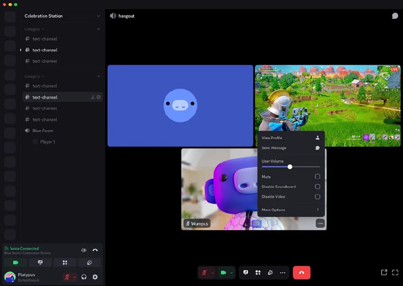 Окно видеозвонка Discord с несколькими видео-потоками и всплывающим меню управления потоком поверх игрового окна.
