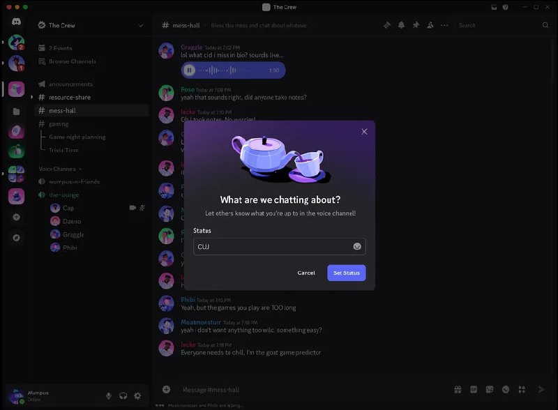 Диалог создания обсуждения в Discord: форма ввода темы беседы на тёмном фоне и список участников в левой панели приложения.