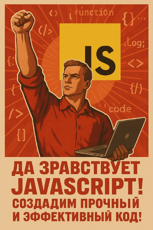 Ретро‑плакат с мужчиной, поднявшим кулак, рядом ноутбук и символ JavaScript; сочетание пропагандистского стиля и IT‑тематике.
