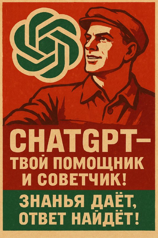 Плакат с логотипом ChatGPT, выполненный в эстетике советской пропаганды: оптимистичная фигура и лозунг в характерной цветовой гамме.