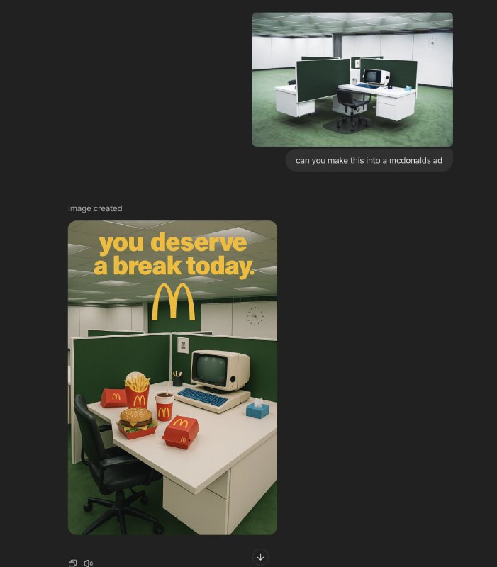 Ретро-офисный рабочий стол с компьютером и упаковками McDonald's на столе, заметна яркая желтая фраза и логотип — стилизованная рекламная сцена.