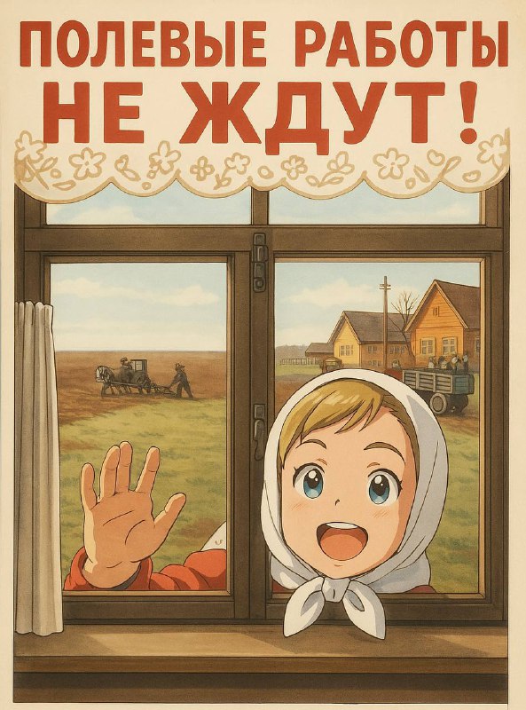 Плакат в аниме‑стилизации: радостная девочка у окна машет рукой, за окном полевые работы и деревенский пейзаж, выполнено в мягких тонах Ghibli‑эстетики.