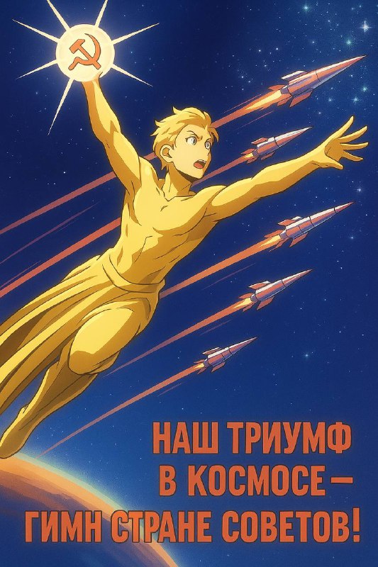Плакат в стилизации Ghibli: герой с поднятой рукой держит символику, ракеты и космическая тема на заднем плане оформлены как аниме‑иллюстрация.