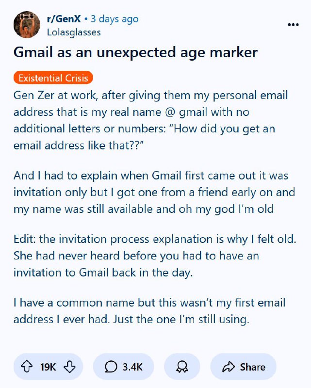 Скриншот поста Reddit о Gmail как маркере возраста; видна часть интерфейса, заголовок и статистика (лайки, комментарии).
