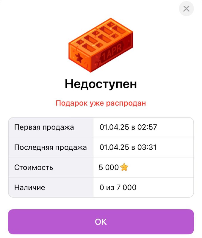 Скриншот Telegram: карточка шуточного подарка «кирпич», статус «Недоступен», таблица продаж и фиолетовая кнопка «OK».