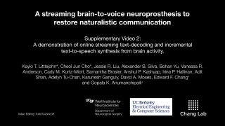 Снимок слайда научной презентации: заголовок про brain-to-voice нейропротез, авторы и логотипы организаций на тёмном фоне
