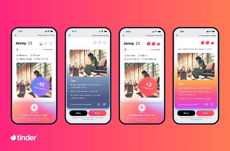 Несколько скриншотов интерфейса приложения Tinder с примерами чат-интерфейса, карточек профилей и цветовой палитрой на розовом фоне.