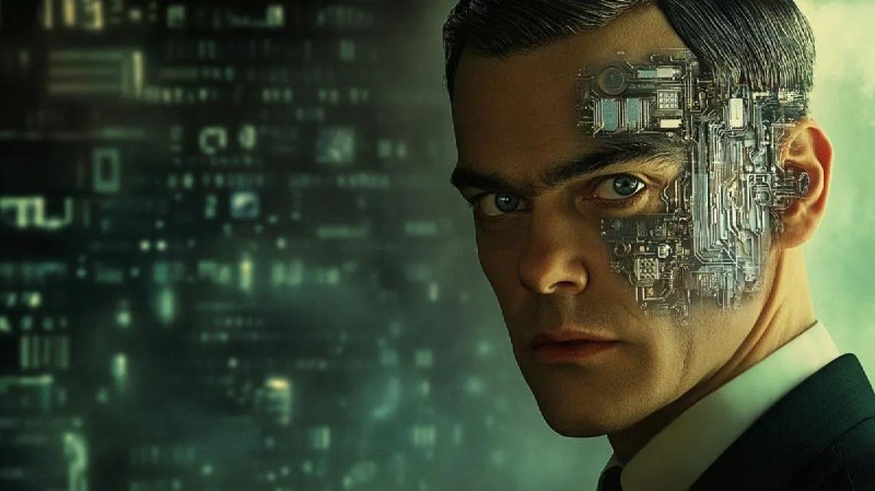 Иллюстрация: портрет человека с кибернетической вставкой на лице на фоне цифрового кода и матрицы, символизирующей ИИ.