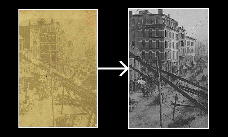 Коллаж до/после: пожелтевшая и повреждённая историческая уличная фотография слева и восстановленная версия справа с сохранённой текстурой плёнки.