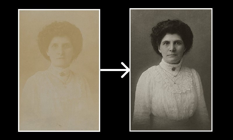 Коллаж до/после: блеклая, размытая фотография женщины слева и чёткая восстановленная версия справа с сохранённой фактурой плёнки.