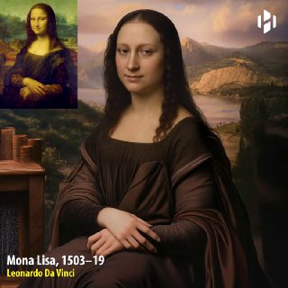 Современная интерпретация «Мона Лизы» рядом с миниатюрой оригинала; изображение демонстрирует эффект оживления картины нейросетями.