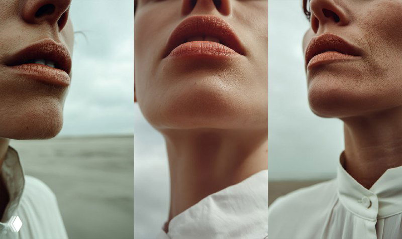 Триптих фотореалистичных портретов с акцентом на губы и подбородок, демонстрирующий улучшенную анатомию лица и детализированную прорисовку кожи.