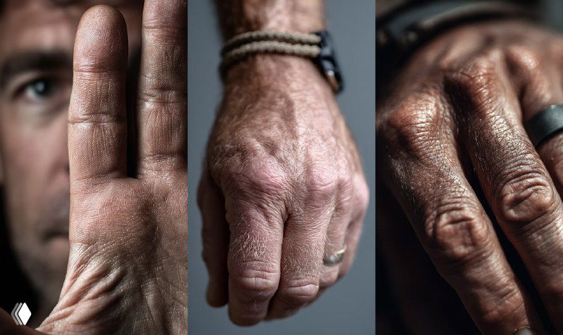 Серия крупным планом рук с детализированной кожей, венами и текстурой, демонстрация улучшений в моделировании анатомии и текстурной прорисовки.