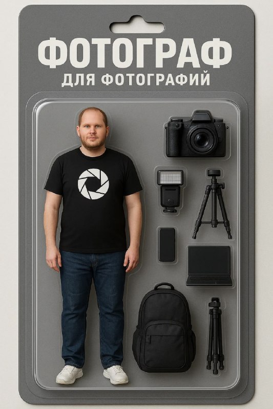 Блистерная упаковка с фигуркой человека и фотокамерой, объективами и аксессуарами; мини‑копия в стиле коллекционной игрушки.