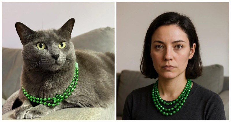 Коллаж: слева серая короткошерстная кошка на диване, в спокойной позе; справа — реалистичный портрет женщины с зелёными бусами, передающими ту же экспрессию.