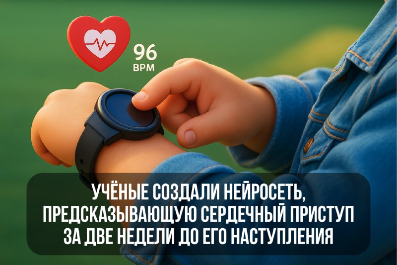 Рука с умными часами на запястье на зелёном фоне; иконка сердца с пометкой пульса и текст на изображении про нейросеть, предсказывающую аритмии.