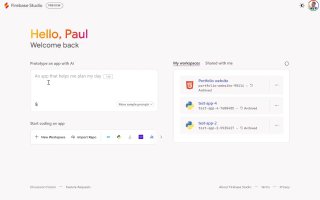 Скриншот интерфейса Firebase Studio: приветственный экран с текстом «Hello, Paul», рабочая область и список проектов справа.