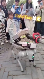 Четырёхногие робот‑пёс на городской улице в Китае с прикреплённой коляской, где находится пушистое животное; вокруг стоят прохожие.