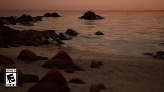 Пейзаж с берегом и крупными камнями на тёплом закате, спокойная вода и мягкая цветовая палитра — кадр из фотореалистичной медитативной игры